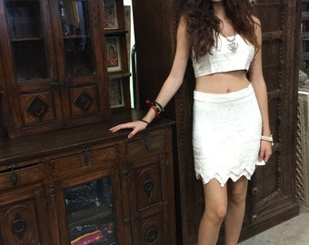 Women's Wrap around Skirt with halter Top Ivory Beaded Trendy Boho Beach Festival Ibiza Skirts onesize