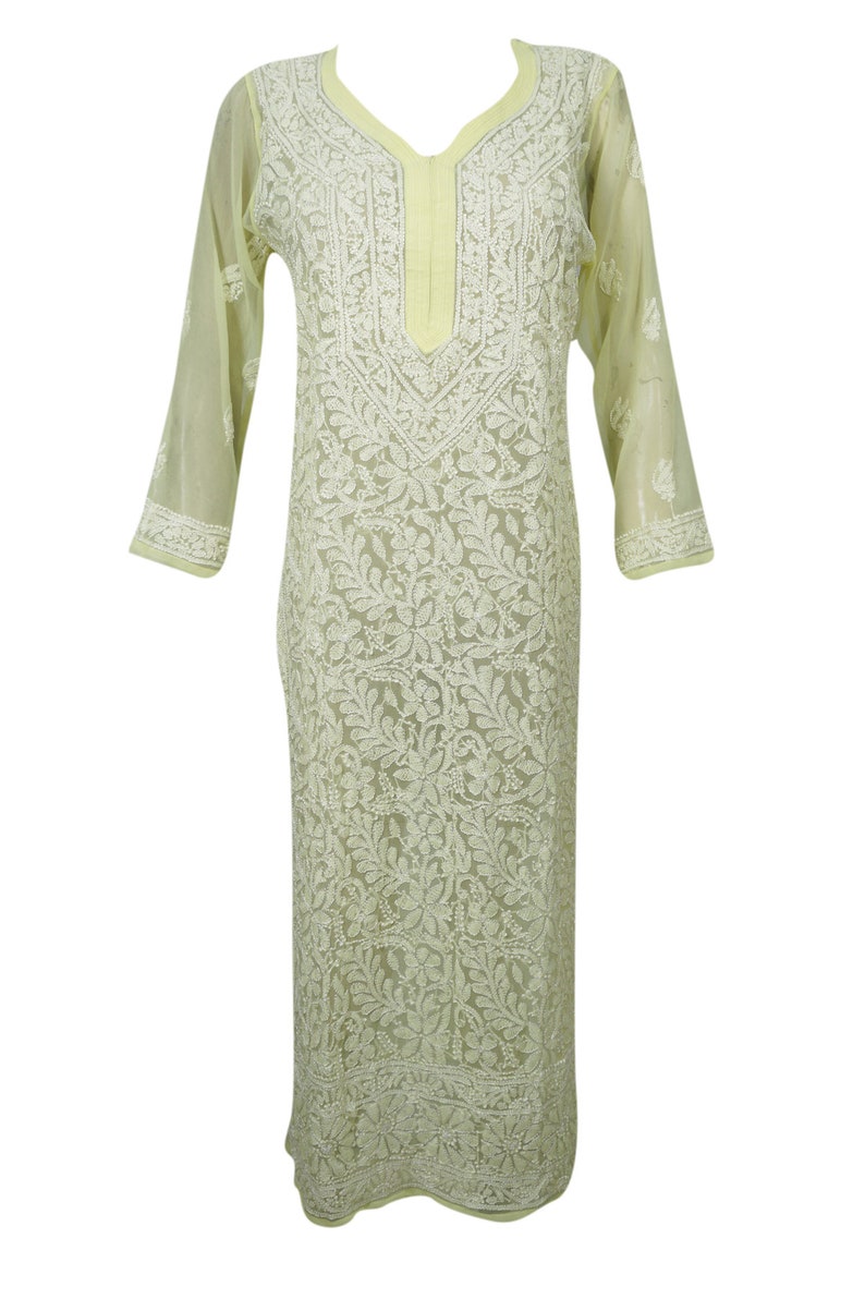Womens Tunic Maxi Dress Yellow Embroidered Designer Georgette Indian Kurti Bikini Cover Up L