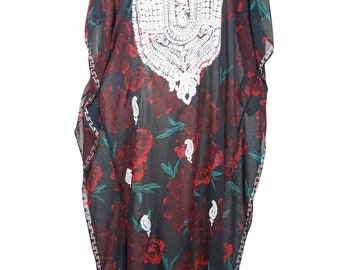 Women's Caftan Maxi Dress, Kimono Dress, Black Floral Print Summer Sheer Cruise Kaftan Maxi Dresses ONESIZE L/4X