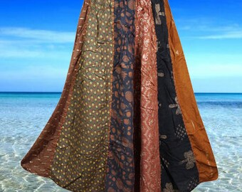 Sunset Magic Dori Patchwork Chic Long Skirt, Bohemian Vertical Patchwork in Khaki & Gold, Elastic Waist, SML