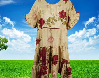 Beige Floral Dress, Recycle Silk, Beach Shift Dresses, Summer Dress for women, Shift Dresses, Boho Day dress, M