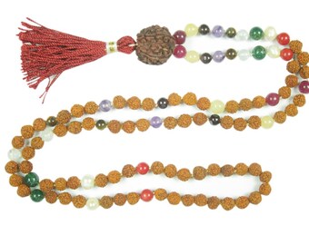 Chakra Healing Mala, Meditation Nine Planets Navgraha Healing Heart Mala Beads, Rudraksha Necklace Bohemian Jewelry