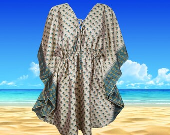 Travel Summer Beach Dress, Womens Summer Caftan Short Dresses, Cruise Recycle Sari Dresses, Gray Blue Printed Kaftan Dress M-XL One Size