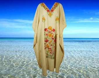 Women's Kaftan Maxi Dress, Beige Boho Maxi Dress, Beach holidays, Lounger, Cotton Embroidered Caftans, Oversize L-2XL One Size