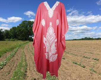 Women's Travel Kaftan, Kaftan Maxi Dress, Pink Boho Maxi Dress, Gift, Beach Holidays, Cotton Hand Embroidered Caftans L-2XL One Size