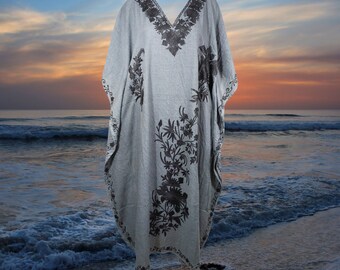 Womens Embroidered Maxi Caftan Dresses, Moroccan Kaftan Dress, Gray Black Handmade Cotton Crepe Caftan, Holiday Gift, L-2XL, One size