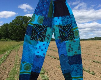 Boho Hippie Patchwork Pants, Front pockets, Cotton Blue Baggy Trouser, Boho Hippie Renaissance Faire Stonewashed Travel Pant S/M/L