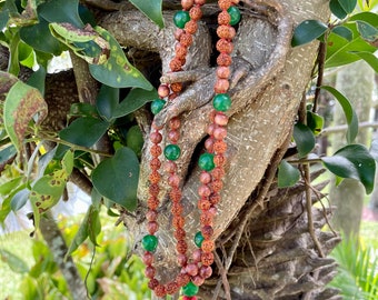 Green Jade, Sunstone, Rudraksha Mala, Cotton Tassel Necklace, Mindful Meditation Malas, Knotted Healing Mala, Chanting Yoga MALAS