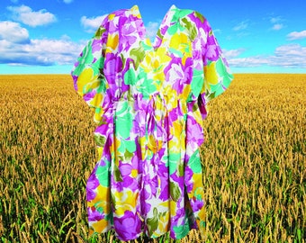 Womens Handmade Cotton Short Kaftan, Pink Yellow Sandy Beaches Floral Print Caftan, Travel Fashion, Beach kaftan, Resort Wear One size L-3XL