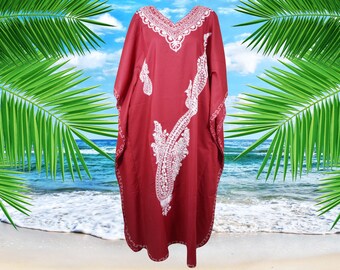 Women's Kaftan Maxi Dress, GIFT, Red Boho Maxi Dress, Lounger, Cotton Floral Embroidered Caftans, Oversize Dresses, L-3XL One Size