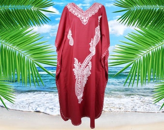 Women's Kaftan Maxi Dress, GIFT, Red Boho Maxi Dress, Lounger, Cotton Floral Embroidered Caftans, Oversize Dresses, L-3XL One Size