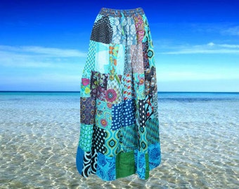 Womens Handmade Boho Patchwork Skirt, Blue Maxi Skirts, Ethnic Vintage Skirt, Recycle Long Skirts S/M/L