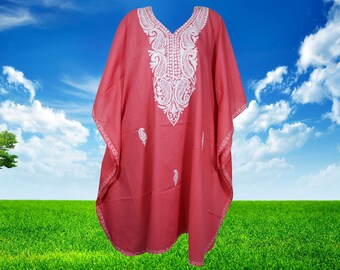 Womens Embroidered Kaftan Midi Dress, Pink Floral Kashmiri Caftan Dress, Loose Boho Caftan Dresses, Gift One Size L-4XL