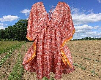 Womens Summer Caftan Recycle Sari Dresses Red,Yellow Floral Printed Kaftan M-XL One Size