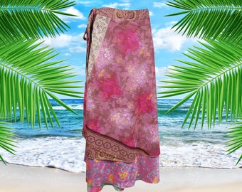 Women Long Wrap Skirt, Beach Coverup Sarong, Silk Sari Wrap Skirts, Pink Floral Printed, 2 Layer Reversible Magic Skirts One Size