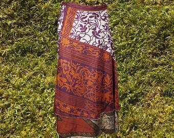 Women Long Wrap Skirt, Red Purple Floral Printed, Beach Coverup Sarong, Silk Sari Wrap Skirts, 2 Layer Reversible Skirts, Gift One Size