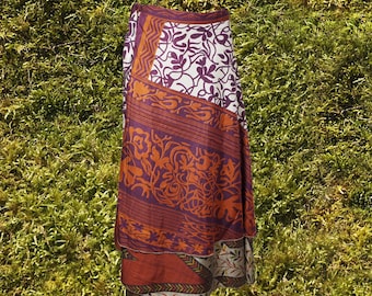 Women Long Wrap Skirt, Red Purple Floral Printed, Beach Coverup Sarong, Silk Sari Wrap Skirts, 2 Layer Reversible Skirts, Gift One Size