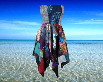 Womans Bohemian Dress, Breezy Hanky Skirt, Patchwork Hippie Dress, Organic Texture, Cotton Beach  S/M