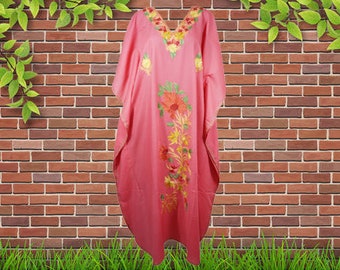 Women Floral Caftan Maxi Dress, Pink Embroidered Resort Wear Kaftan Dresses, Oversized Loose Stylish Maxi Kaftan Dresses. One size, L-3XL