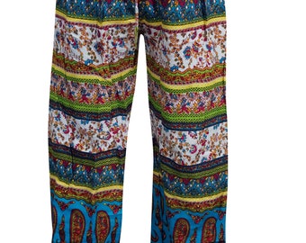 Womens Hippie PANTS, Boho Pants, Hippie Pants, Yoga Pants, Harem Pants, Blue White Floral Printed Yoga Harem Pant Trousers M-L