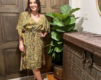 Women Kaftan Midi Dresses, Resort Cruise Caftan Dress, Olive Green Paisley Printed Beach Silk Dresses, L-3XL One Size