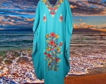 Women's Kaftan Maxi Dress, Arctic Blue Beach Holidays Caftan, Lounger, Cotton Embroidered Caftans, Handmade Gift One size L-2XL One Size