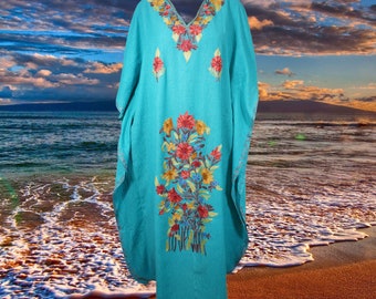 Women's Kaftan Maxi Dress, Arctic Blue Beach Holidays Caftan, Lounger, Cotton Embroidered Caftans, Handmade Gift One size L-2XL One Size