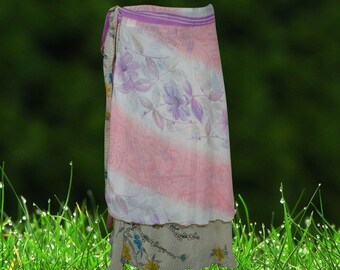 Womens Travel Fashion, Pink Printed Double Layers Wrap Skirts, Gift, Handmade, Magic Wrap Skirt, Recycled Sari Wrap Skirt, One size