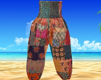 Harem Pants, High Waisted Yoga Bohemian Pants, Blue Peach Patchwork Festival Pants, Recycle Cotton Pants with Pockets S/M/L