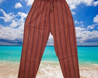 Striped Boho Hippie Trousers, Unisex Pants, Red Striped Trousers with Pockets, Loose Fit Pant, Pants With Pockets S/M