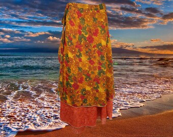 Womens Wrap Long Skirt, gift, Beach Cover Up, Yellow Orange Printed Two Layer Silk Sari Skirts, Magic Wrap Around Skirts One size