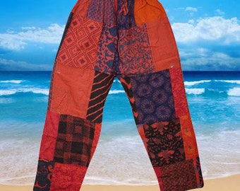 Womens Handmade Soft Patchwork Trousers, Pajama Pants, Boho Hippie Pants, Summer Cotton Red Harem Pants, Floral Pants S/M/L