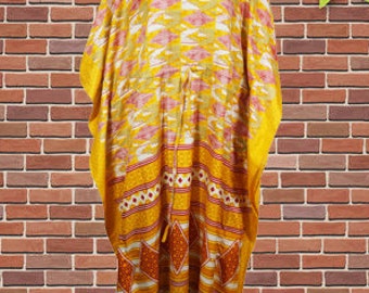 Women Boho Beach Kaftan, Yellow, Orange , Caftan, Floral Silk Kaftan, housedress, Beach Coverup, Summer Caftan, Resort, Cruise Caftan L-2X