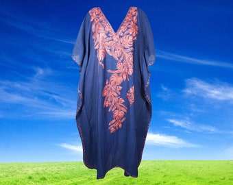 Womens Loose Kaftan Maxi Dresses, Berry Blue Luxury Cotton Hand Embroidered Caftan Dress, kaftan abaya long Dress L-2XL One Size