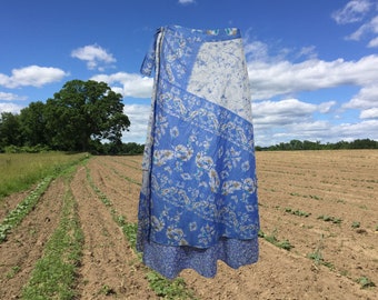 Womens Long Wrap Skirt, Blue Floral Beach Cover Up, Boho Two Layer Silk Sari, Magic Wrap Around Skirts One size