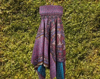 Womens Silk Halter Dress, Handmade Summer Dresses, Purple Two Layer Gypsy Chic Printed Travel Sundress S/M