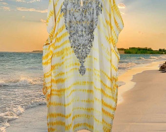 Women's Travel Caftan Maxi Dress, Yellow Tiedye Kimono Dress, Floral Embroidered Summer Maxi, Sheer Cruise Kaftan Maxi Dresses ONE SIZE L/4X