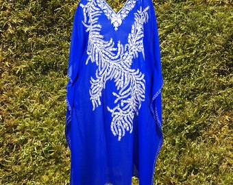 Women's Travel Caftan Maxi Dress, Blue White Floral Embroidered Kaftan Dress, Summer Sheer Cruise Boho Beach Dresses ONE SIZE L/4XL