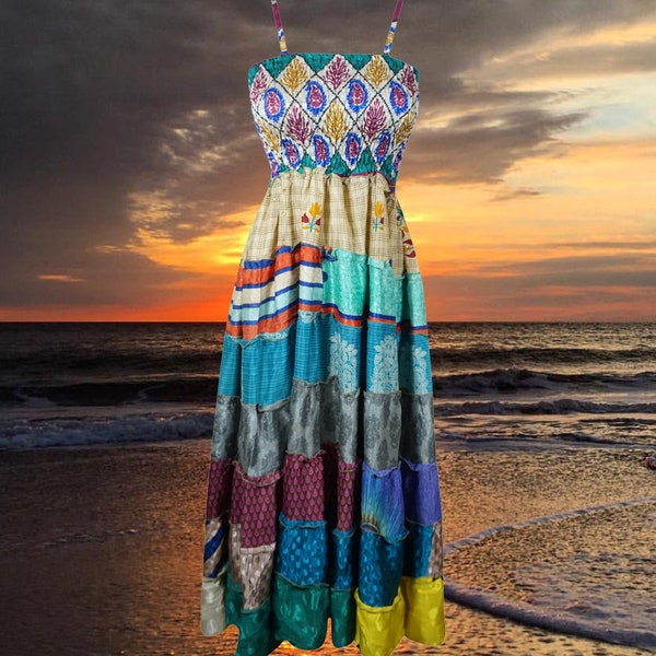 Women Silk Maxi Dress, Multi Blue Summer Dresses, Tiered, Beach, Summer Sundress, Evening Dresses S/M