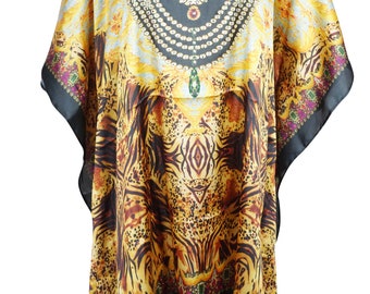 Womens Kaftan Dress, Golden Jewel Print Summer Dress, Resort Wear, Beach Travel Long Caftan One Size, L-3XL
