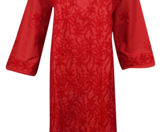 Women's Tunic Kaftan Dress, Candy Red Embroidered Cotton Bohemian Tunic Dresses, Cover Up Ethnic Long Tunic ML