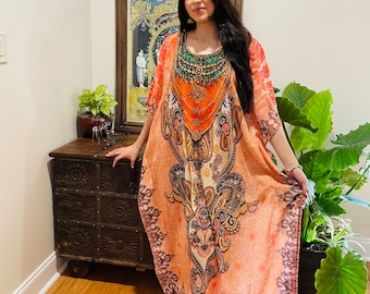 Womens Maxi Caftan, Peach Printed Kimono Kaftan Loose Maxi Dress, Resort Wear, Beach Cover Up, Lounge Dresses L-3XL, One Size