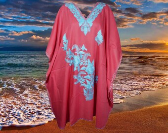 Women Red Kaftan Dress, Travel Kaftan Midi Dresses, Floral Embroidery Kimono Dress, Resort Wear, OverSized Kaftan Dresses One size L-4XL