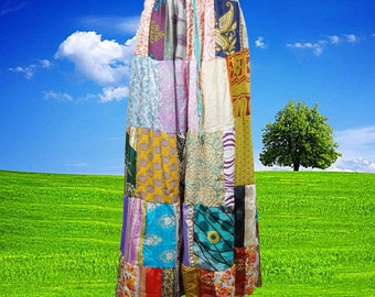Vintage PATCHWORK Maxi Skirt, Recycle Silk Colorful Festive 70s Women Hippie Boho Long Floral Drawstring Skirts S/M/L