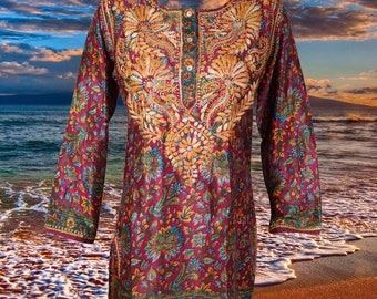 Womens Silk Tunic, Bohemian Clothing, Handmade Pulm Floral Print Tunic Top, Silk Shirt, Hand Embroidered Blouse Indian Tunic Kurti