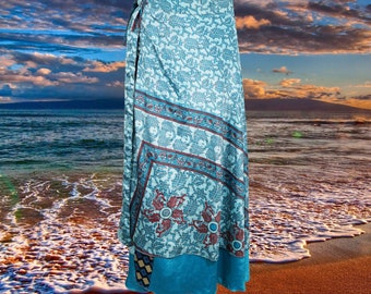 Beautiful Maxi Wrap Skirt, Sky Blue Printed Indian Wrap Skirts, Boho Summer Skirt, Sarong Long Wrap Skirt, valentine gift One size