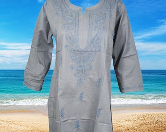 Womans Kurti Cotton Tunic Top, Handmade Indian Kurti, Gray Hand Emroidered Tunic, Summer Tunic, Hippie Tunic M/L