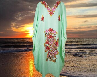 Womens Kaftan Maxidress, Travel Maxi Dresses, Mint Green Embroidered Caftan Dresses, Loose Flowy Dressy Caftan Dress One Size L-2XL