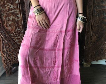 Womens Maxi Skirts, Pink Stonewashed Embroidered Bohemian Skirt, A-line Peasant Skirts S/M