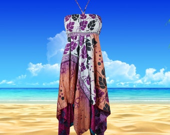 Women's Hi Low Luxe Halter Dress, Purple Peach Bohemian Recycled Silk Strapless Dress, Travel Skirt Dresses, Beach Sundress S/M